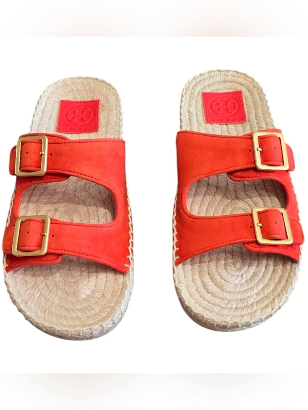 Tory Burch Orange Suede Double-Buckle Espadrille Slide Sandal